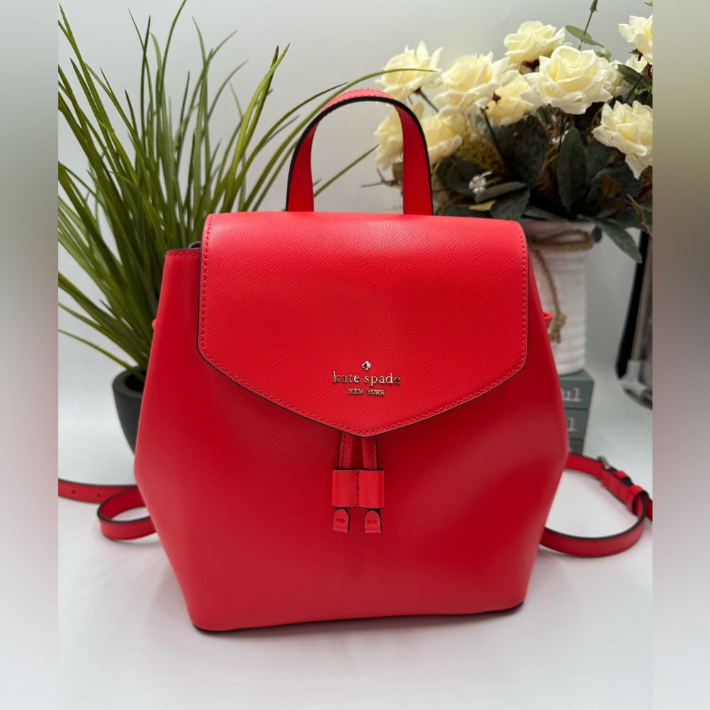 Kate Spade Bag Lizzie Medium Flap Backpack Geranium Red Leather